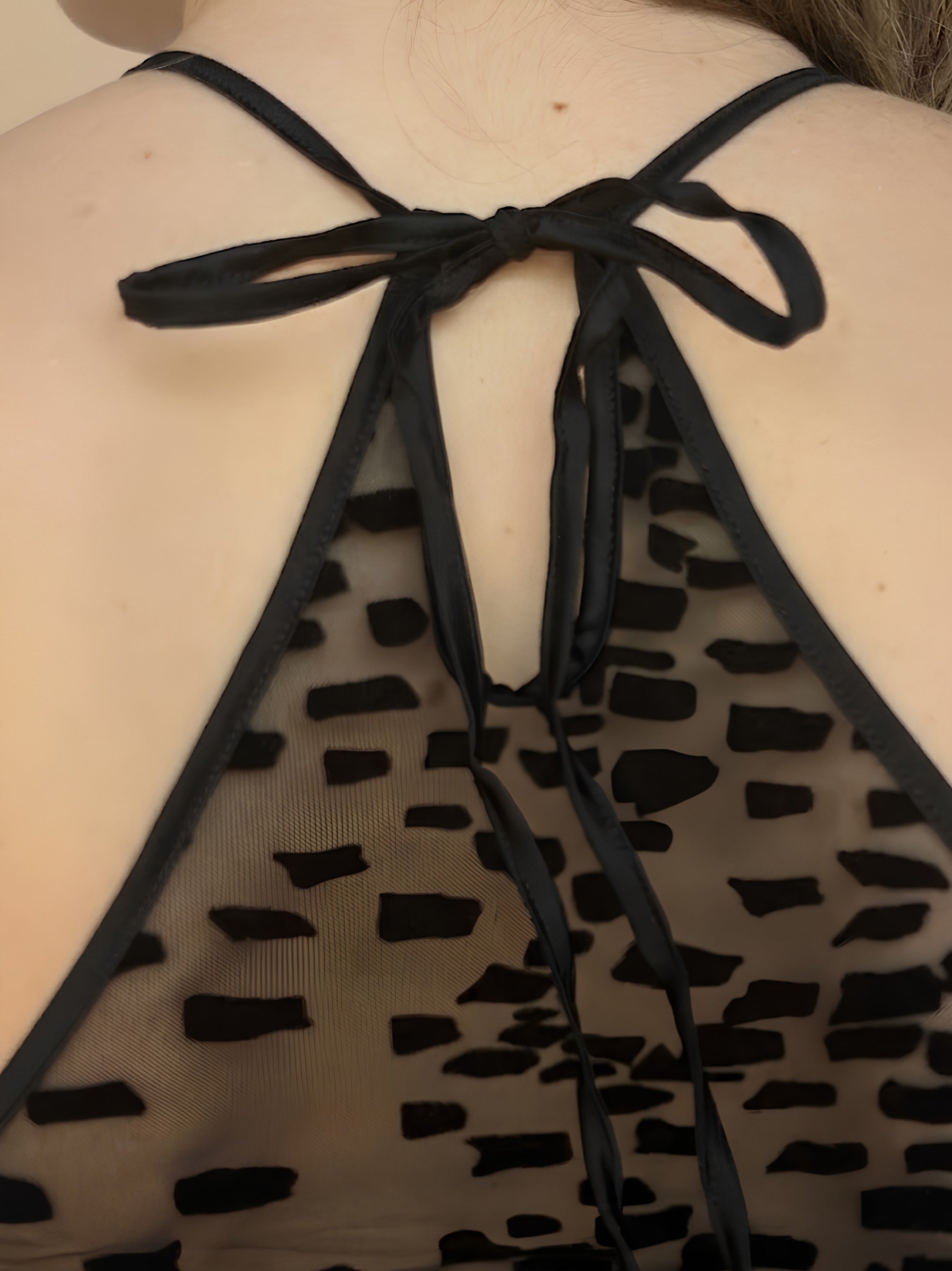 Black Sheer Maxi Slip Dress in Velvet Flocked Tulle with Racer Front and Keyhole Back