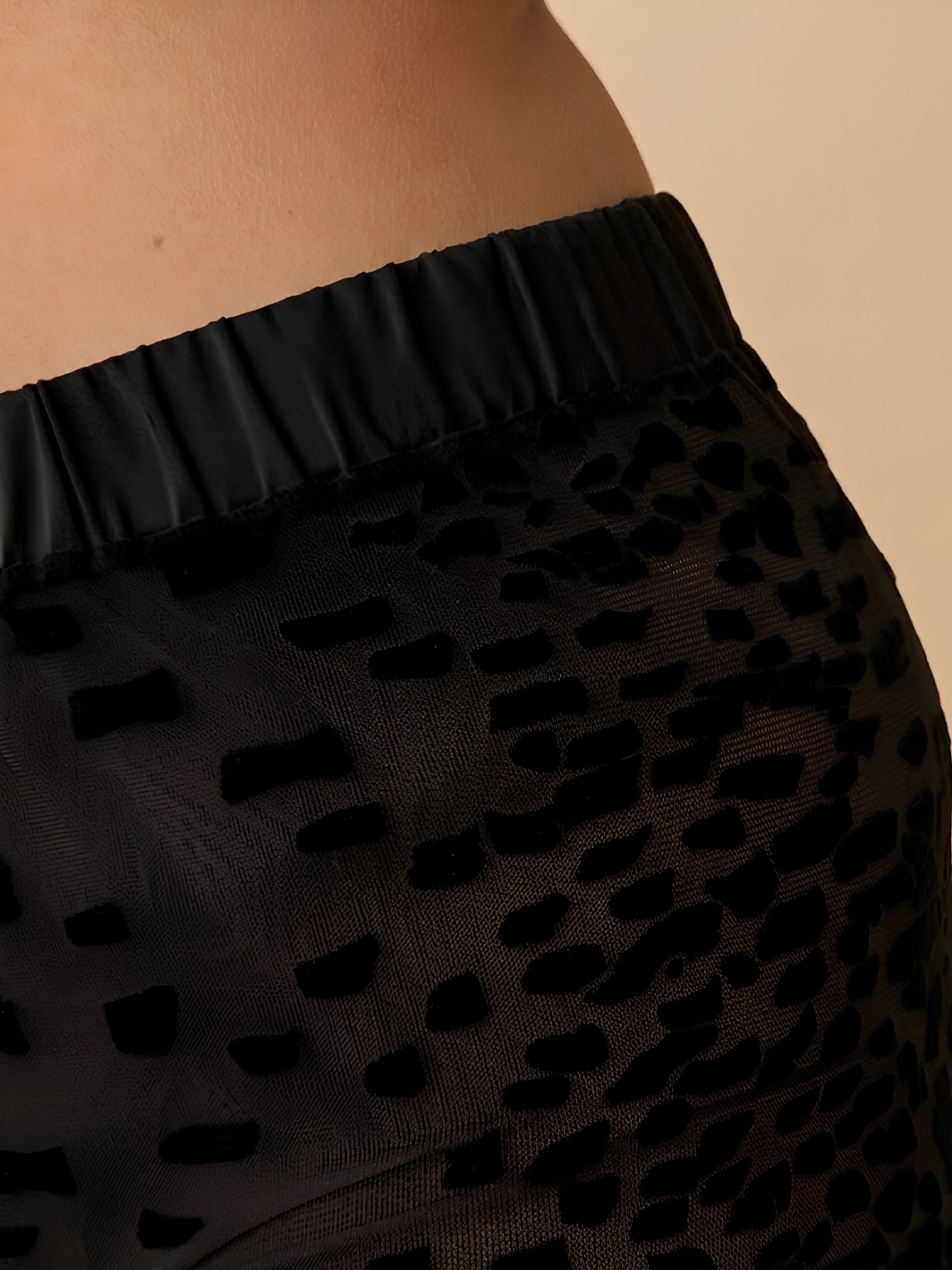Black Sheer Wide-Leg Trousers in Velvet Flocked Tulle and Silk Satin Adjustable Waistband