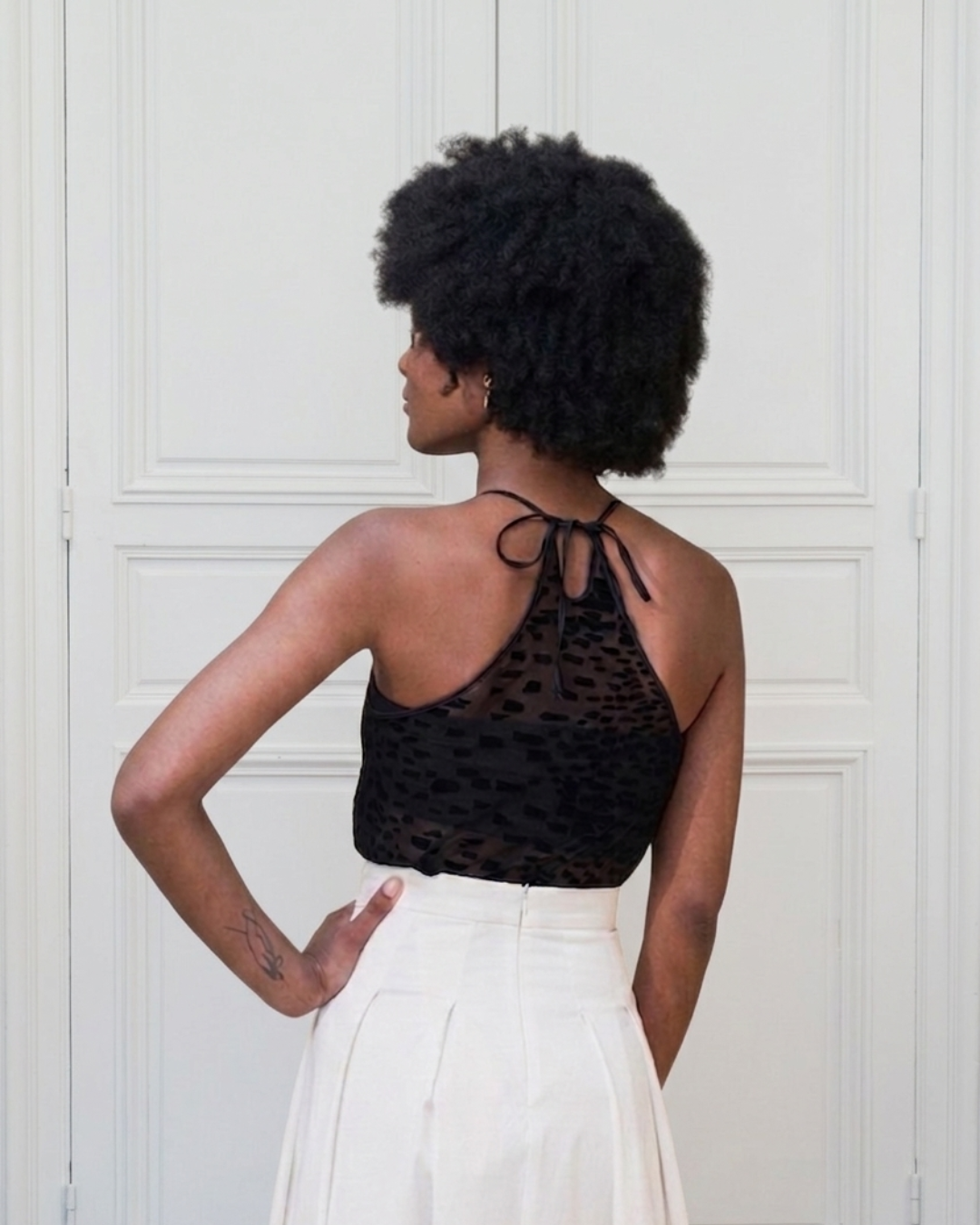 11.14 | Sheer Halter Top in Velvet Flocked Tulle — Black & White