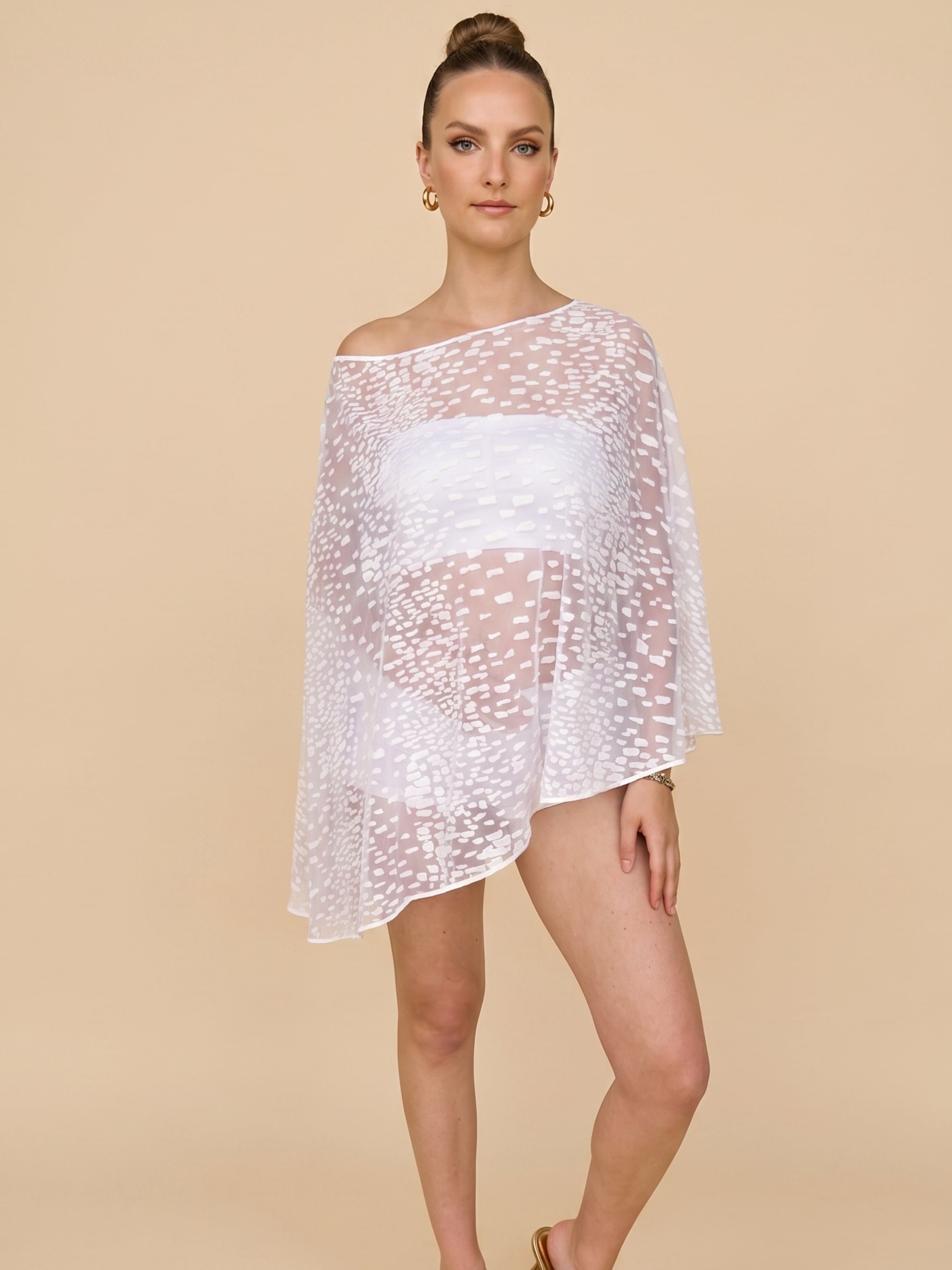 White Sheer Asymmetric Top in Velvet Flocked Tulle. One-Shoulder, Cape Sleeve