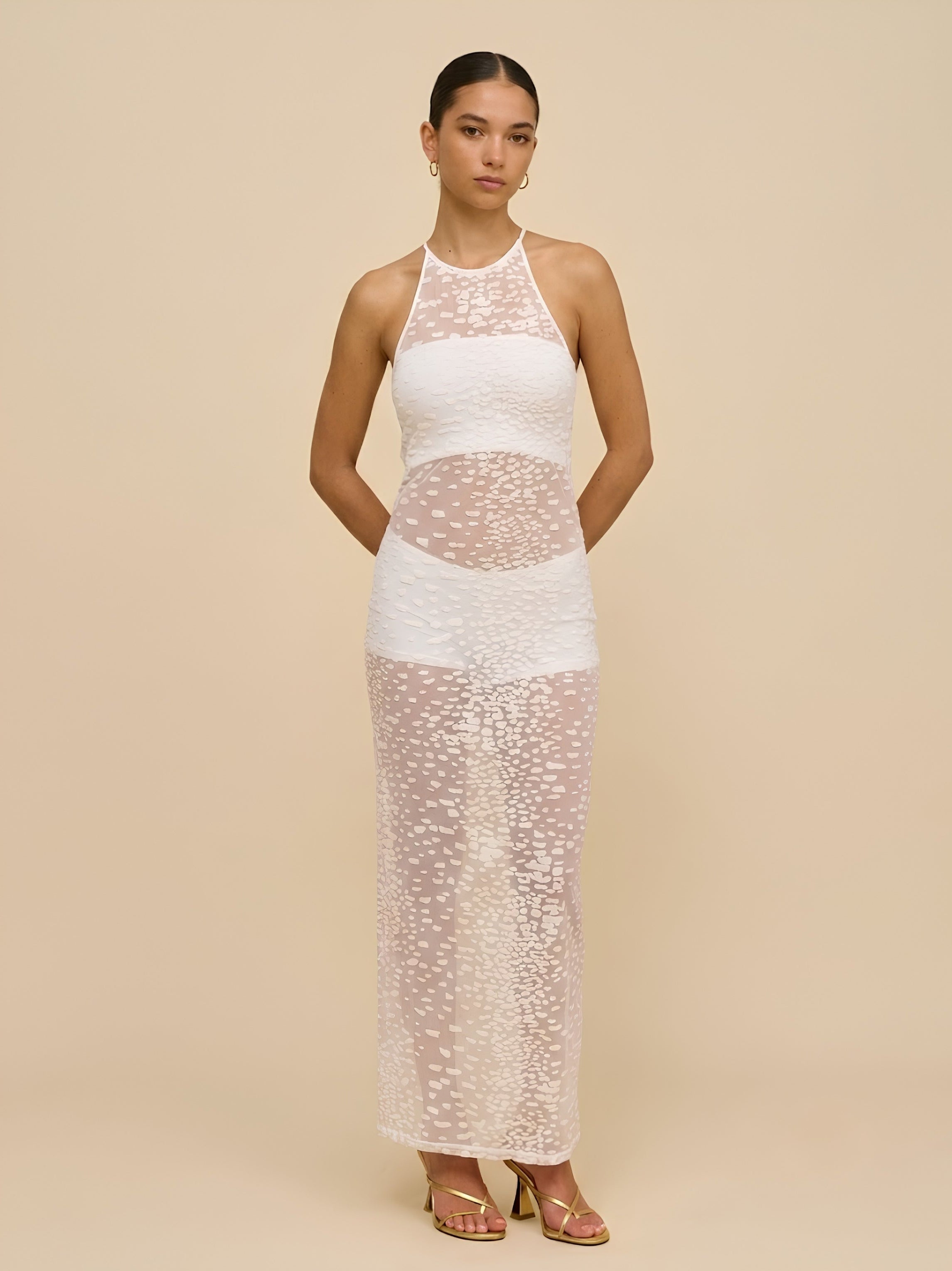 White Sheer Maxi Slip Dress in Velvet Flocked Tulle with Racer Front and Keyhole Back