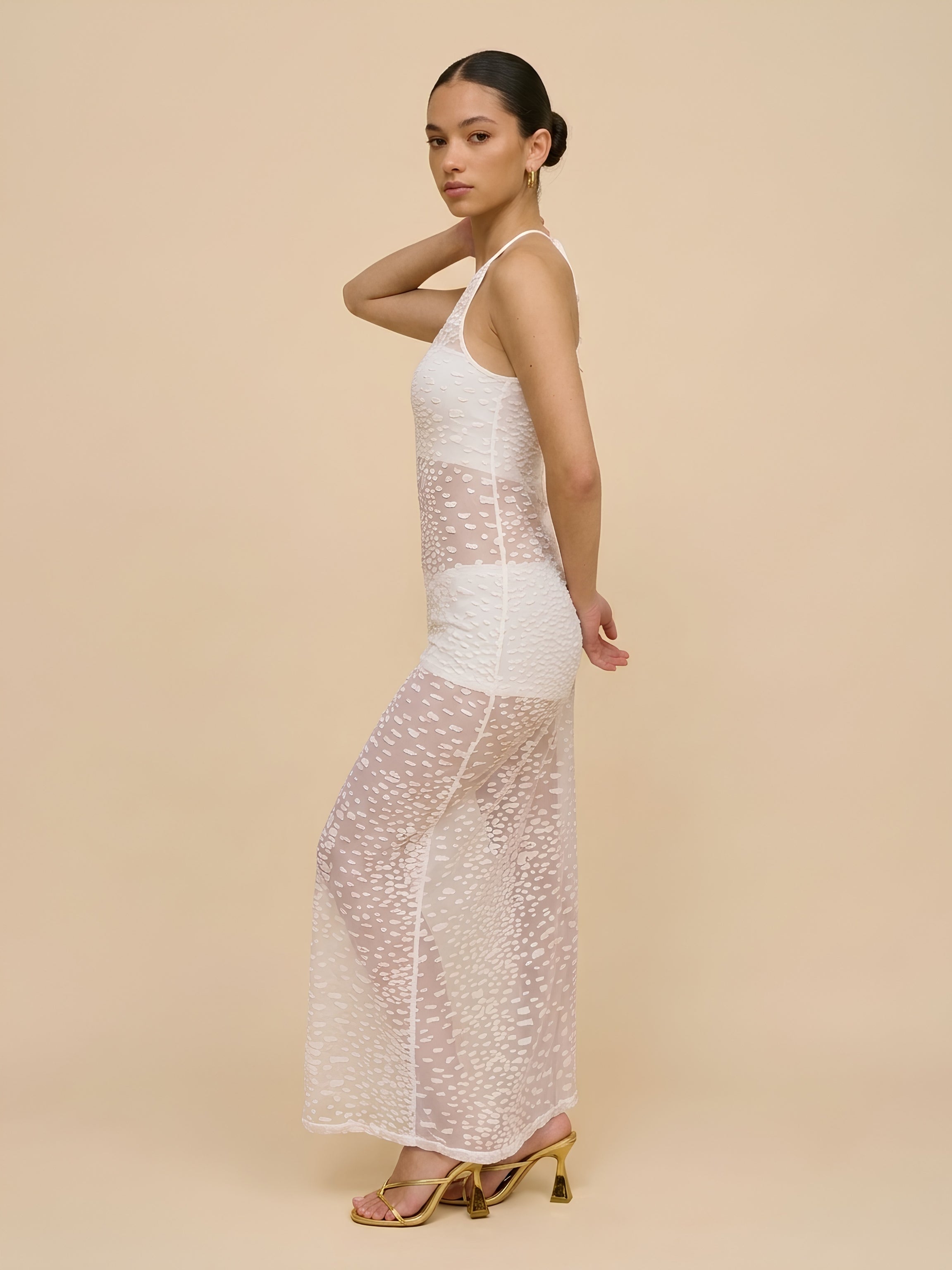 White Sheer Maxi Slip Dress in Velvet Flocked Tulle with Racer Front and Keyhole Back