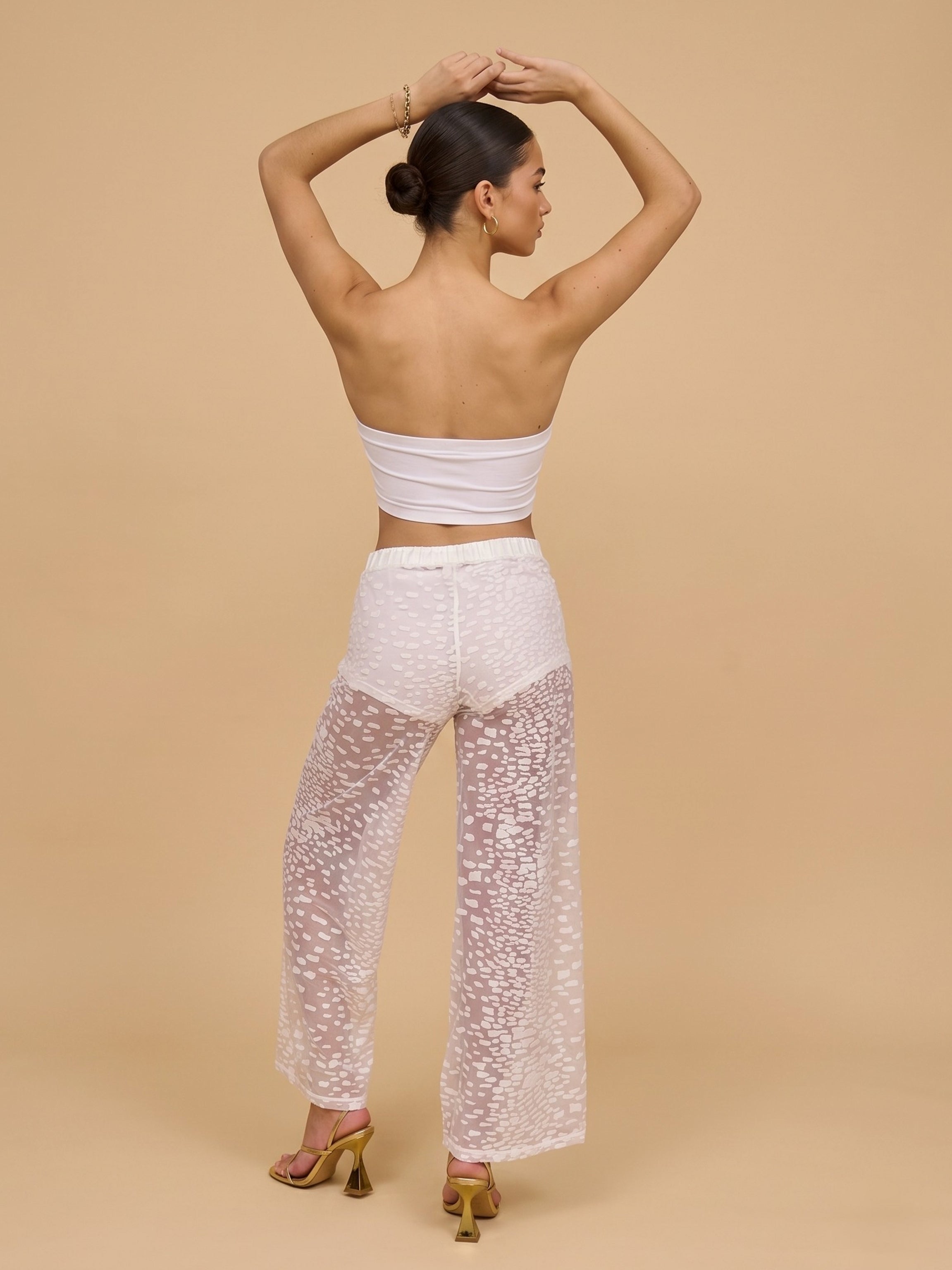 White Sheer Wide-Leg Trousers in Velvet Flocked Tulle and Silk Satin Adjustable Waistband