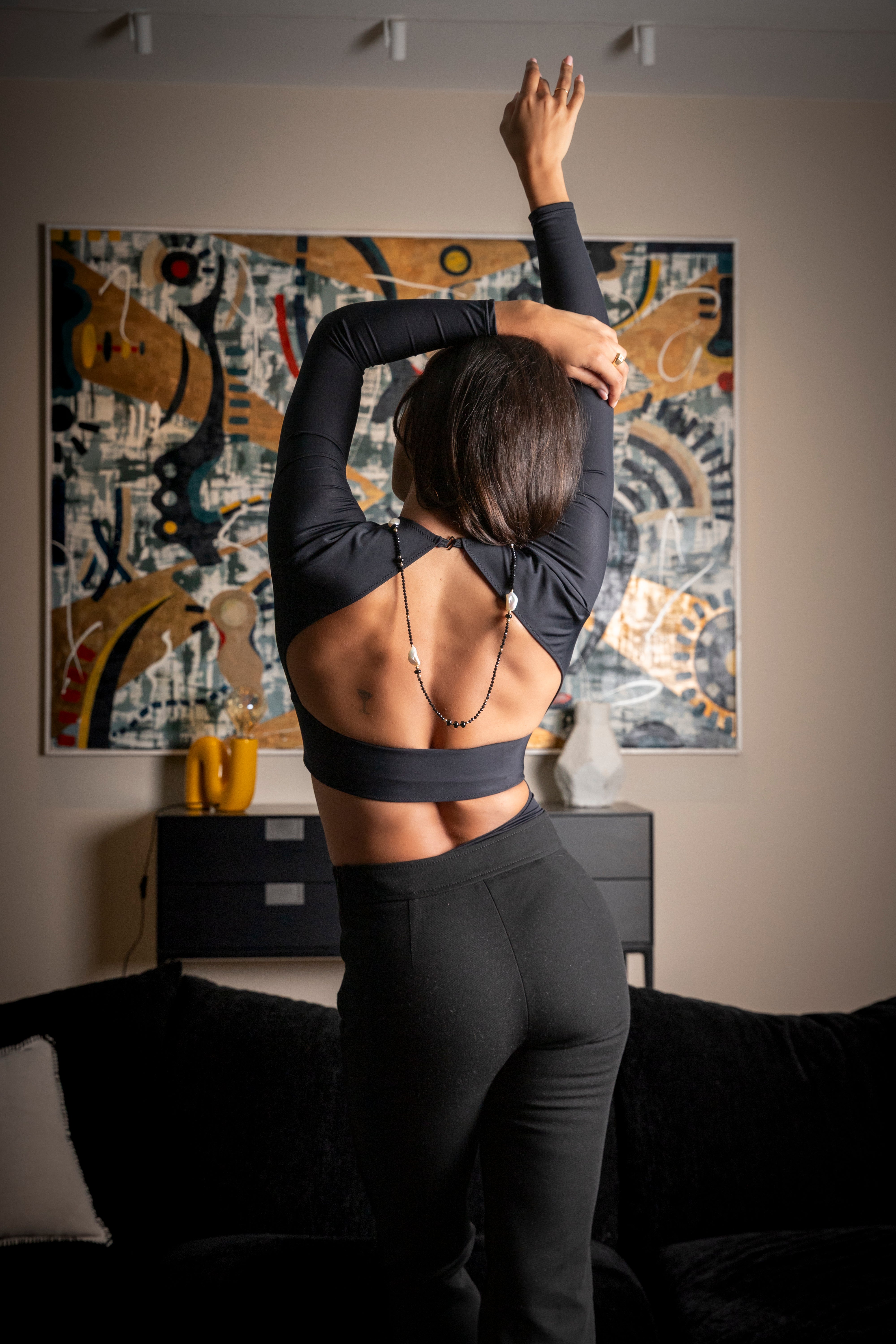 02.08 - Body noir en satin de soie et Lycra graphique