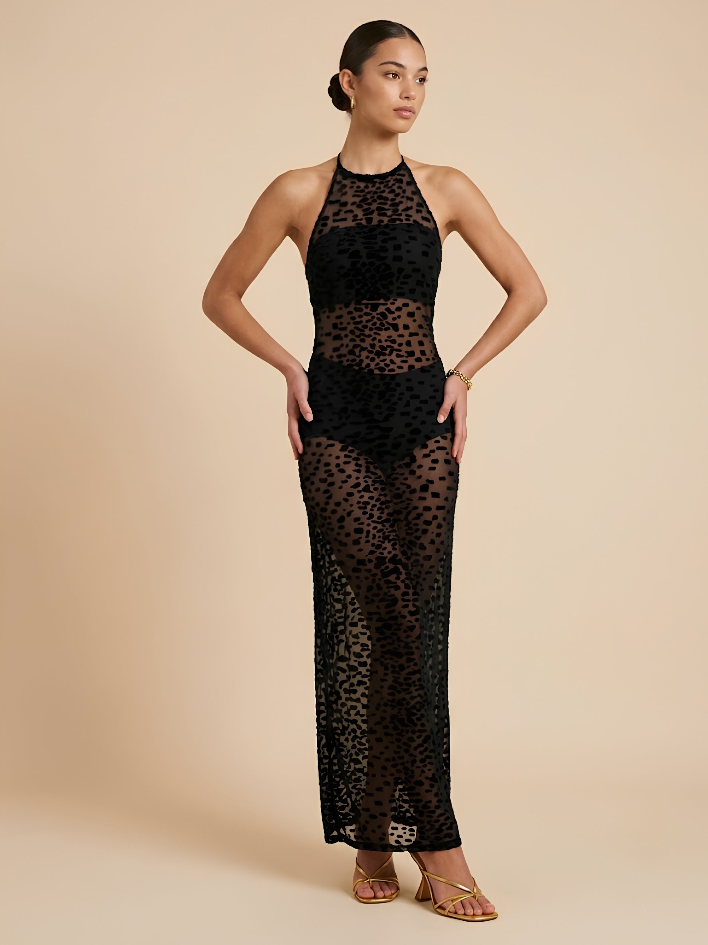 Black Sheer Maxi Slip Dress in Velvet Flocked Tulle with Racer Front and Keyhole Back