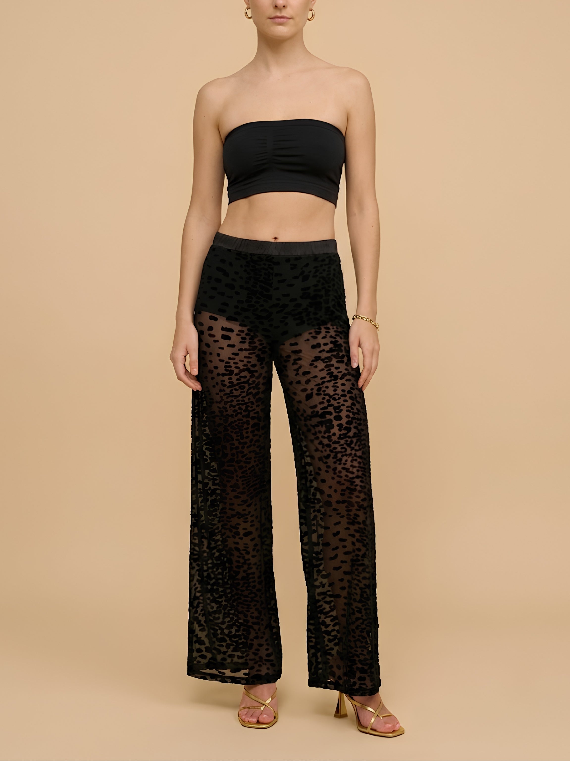Black Sheer Wide-Leg Trousers in Velvet Flocked Tulle and Silk Satin Adjustable Waistband