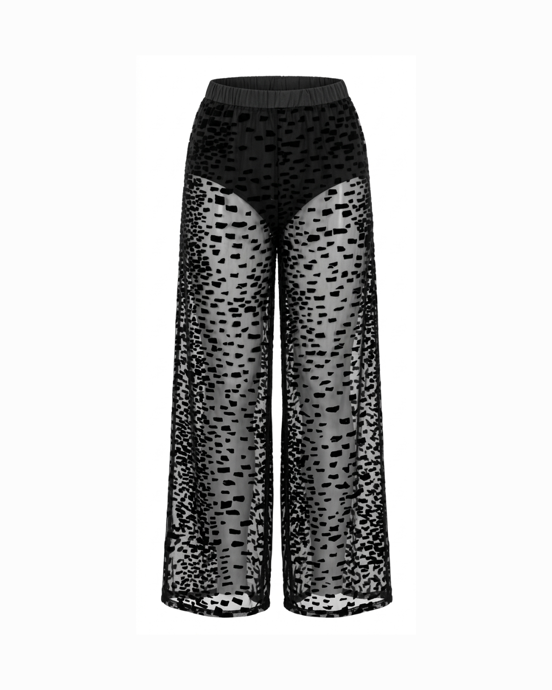 Lumey Paris 11.14 wide-leg trousers in black velvet flocked tulle — fluid silhouette, wide silk satin waistband, fully sheer
