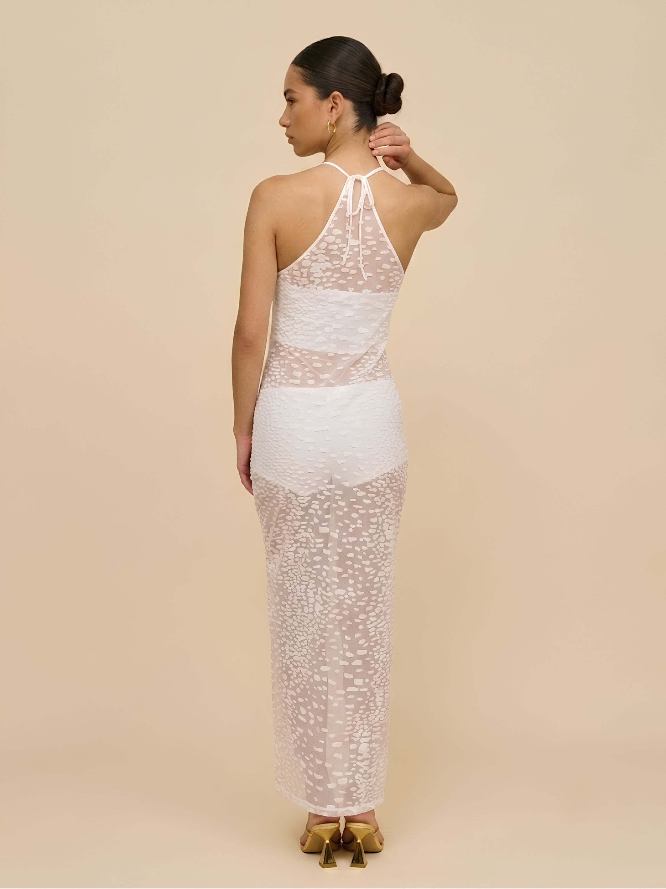 White Sheer Maxi Slip Dress in Velvet Flocked Tulle with Racer Front and Keyhole Back
