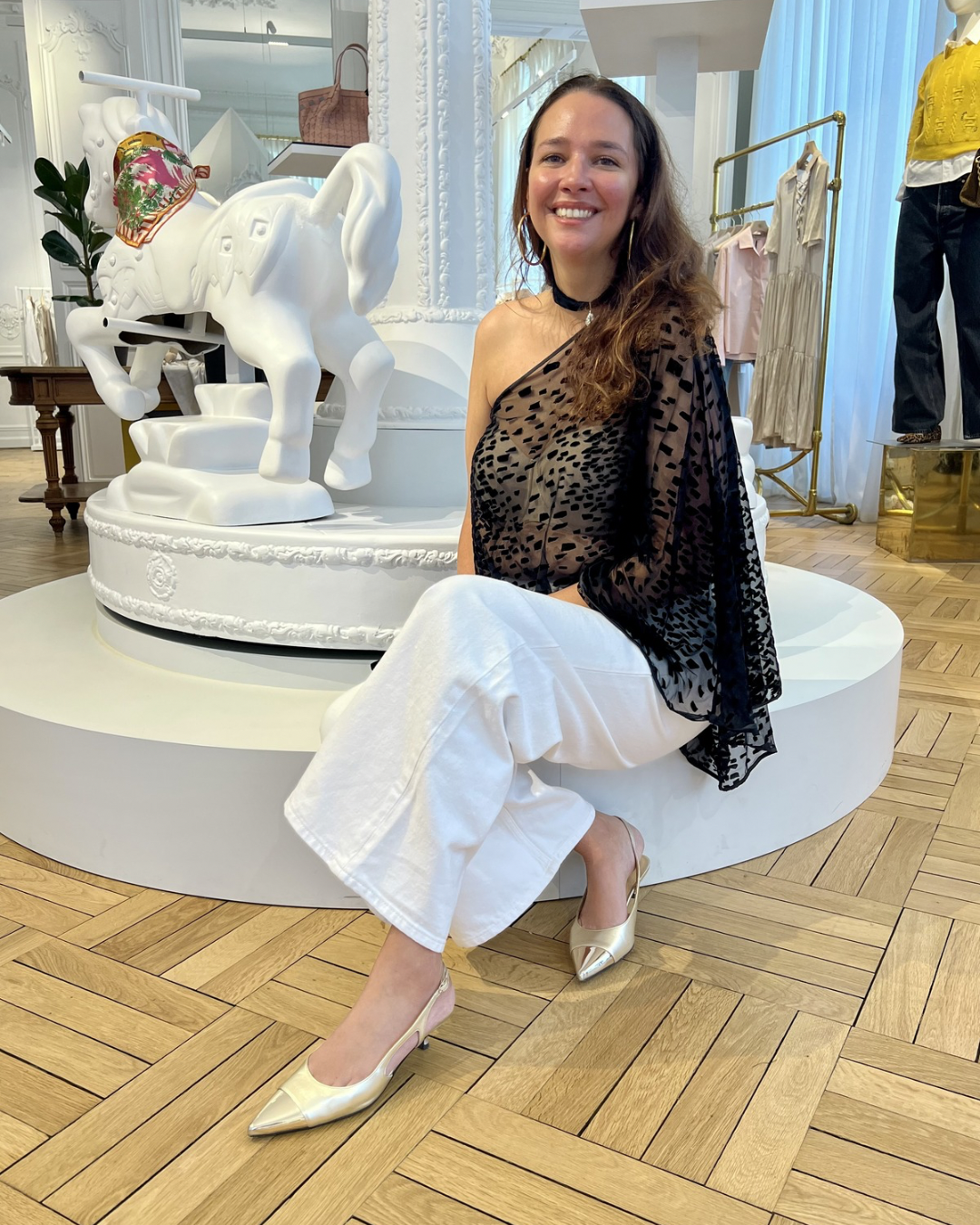 Elodie Houillon, founder of Lumey Paris, wearing the asymmetric velvet flocked tulle cape — Lumey Paris Manifesto