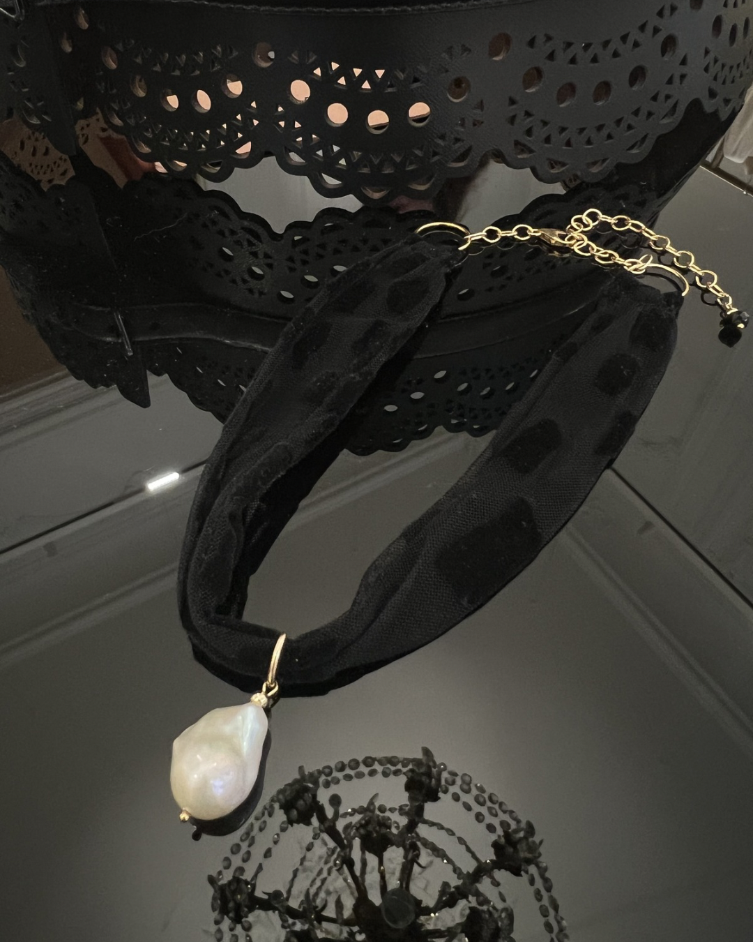 Close-up detail of the Tourny choker — Lumey Paris flocked tulle and Farouche baroque pearl on gold-filled chain, adjustable luxury necklace
