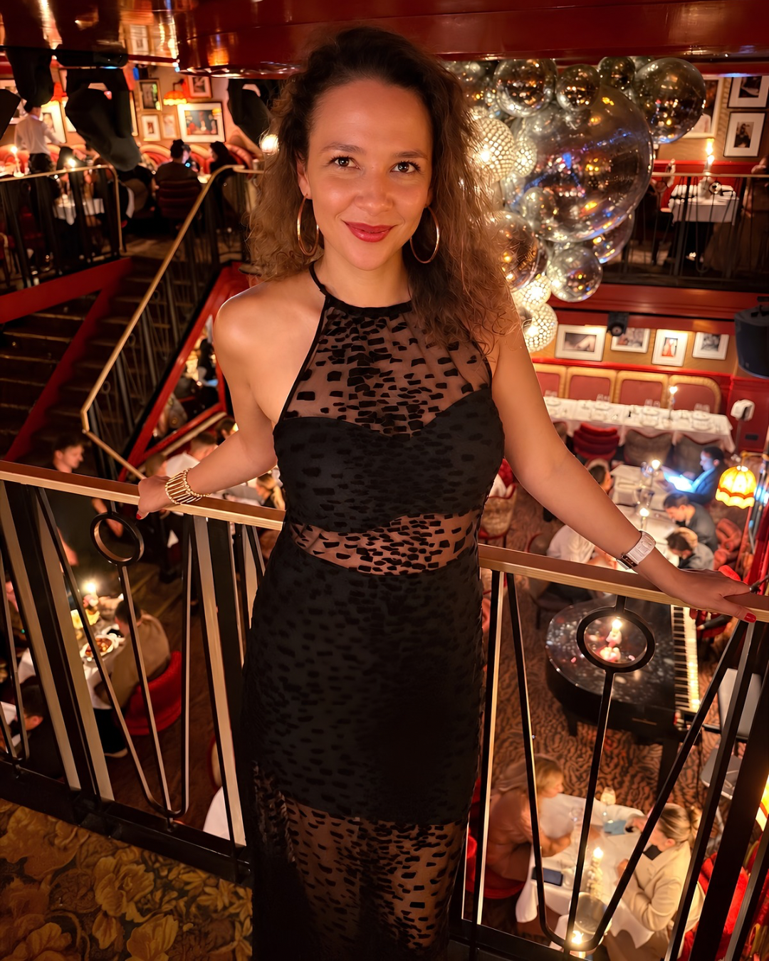 Black Sheer Maxi Slip Dress in Velvet Flocked Tulle with Racer Front and Keyhole Back